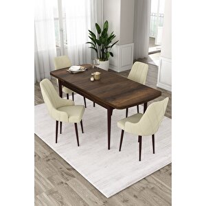 Eta Serisi 80x132 Mdf Barok Ahşap Desenli Açılabilir Masa 4 Krem Sandalye Mutfak Masa Takımı