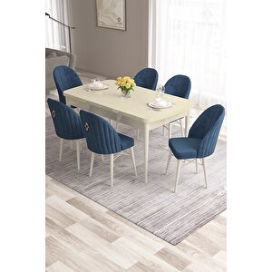 Roz Serisi 80x132 Mdf Açılabilir Krem Mutfak Masası Takımı Ve 6 Pembe Sandalye Gold Halkalı