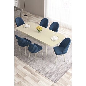 Roz Serisi 80x132 Mdf Açılabilir Krem Mutfak Masası Takımı Ve 6 Pembe Sandalye Gold Halkalı