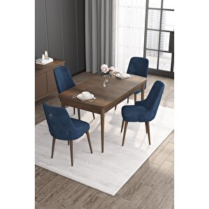 Noa Serisi 80x132 Açılabilir Mdf Barok Ahşap Desen Masa Takımı 4 Lacivert Sandalye