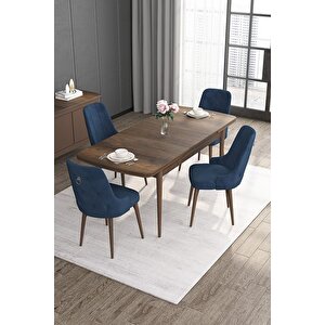 Noa Serisi 80x132 Açılabilir Mdf Barok Ahşap Desen Masa Takımı 4 Lacivert Sandalye