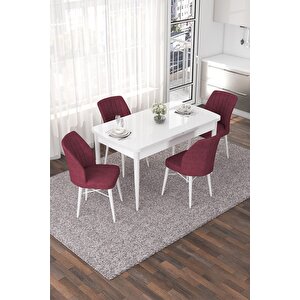 Nef Serisi 70x114 Açılabilir Mdf Beyaz Mutfak Masası Takımı Ve 4 Bordo Sandalye