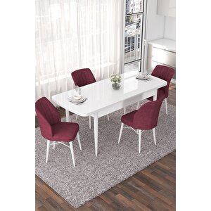 Nef Serisi 70x114 Açılabilir Mdf Beyaz Mutfak Masası Takımı Ve 4 Bordo Sandalye