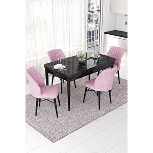 Nef Serisi 70x114 Açılabilir Mdf Siyah Mermer Desen Masa Takımı Ve 4 Pembe Sandalye