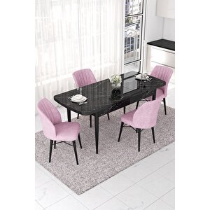 Nef Serisi 70x114 Açılabilir Mdf Siyah Mermer Desen Masa Takımı Ve 4 Pembe Sandalye