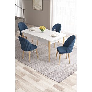 Ves Serisi 80x132 Açılabilir Mdf Mutfak Masası Takımı Beyaz Ahşap Ayak Masa 4 Lacivert Sandalye