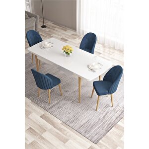 Ves Serisi 80x132 Açılabilir Mdf Mutfak Masası Takımı Beyaz Ahşap Ayak Masa 4 Lacivert Sandalye