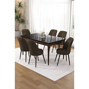 Pir Serisi 80x130 Sabit Siyah Mermer Desen Kahve Ayak Masa Takımı Ve 6 Kahverengi Sandalye