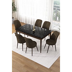 Pir Serisi 80x130 Sabit Siyah Mermer Desen Kahve Ayak Masa Takımı Ve 6 Kahverengi Sandalye