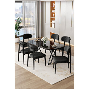 Jolin Serisi Mdf 90x168 Siyah Mermer Desen Masa Takımı 6 Siyah Metal Sandalye