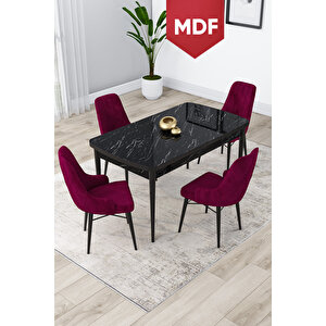 Lia Serisi 80x132 Mdf Açılabilir Mutfak Masası Takımı Siyah Mermer Desen Masa 4 Mürdüm Sandalye