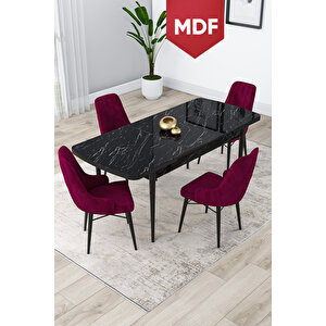 Lia Serisi 80x132 Mdf Açılabilir Mutfak Masası Takımı Siyah Mermer Desen Masa 4 Mürdüm Sandalye