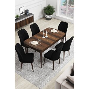 Rio Serisi 80x132 Açılabilir Mdf Mutfak Masası Takımı Barok Desen Masa 6 Siyah Sandalye