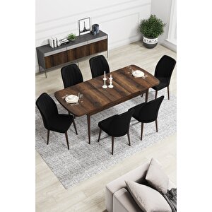 Rio Serisi 80x132 Açılabilir Mdf Mutfak Masası Takımı Barok Desen Masa 6 Siyah Sandalye
