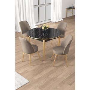 Osle Serisi 90x90 Yuvarlak Siyah Mermer Desen Mutfak Masa Takımı 4 Cappucino Sandalye Gold Detay