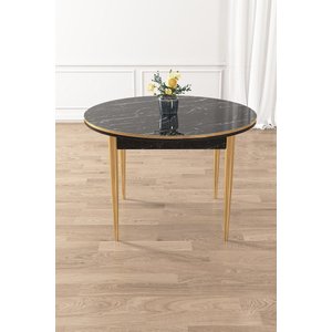 Osle Serisi 90x90 Yuvarlak Siyah Mermer Desen Mutfak Masa Takımı 4 Cappucino Sandalye Gold Detay