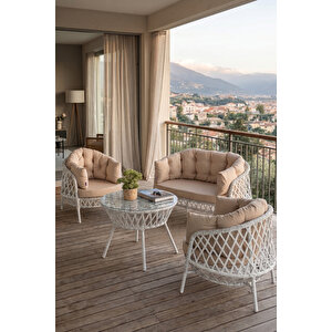 Viola Serisi 1. Sınıf 2+1+1 Beyaz Rattan Cappucino Minder Bahçe Balkon Oturma Koltuk Takımı