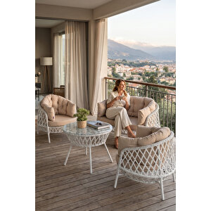 Viola Serisi 1. Sınıf 2+1+1 Beyaz Rattan Cappucino Minder Bahçe Balkon Oturma Koltuk Takımı