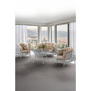 Viola Serisi 1. Sınıf 2+1+1 Beyaz Rattan Cappucino Minder Bahçe Balkon Oturma Koltuk Takımı