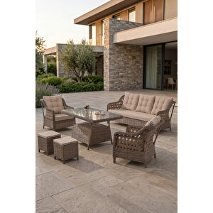 Akasya Serisi 1. Sınıf 3+1+1+2 Puf Kahverengi Rattan Cappucino Minder Bahçe Takımı, Balkon Takımı