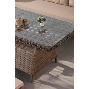 Akasya Serisi 1. Sınıf 3+1+1+2 Puf Kahverengi Rattan Cappucino Minder Bahçe Takımı, Balkon Takımı