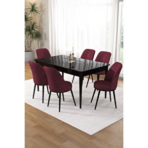 Pir Serisi 80x130 Sabit Siyah Mermer Desen Mutfak Masa Takımı Ve 6 Bordo Sandalye