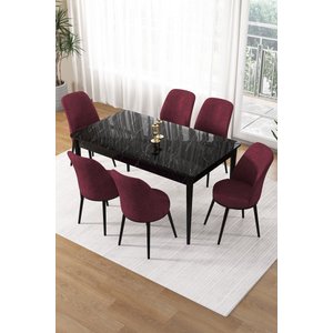 Pir Serisi 80x130 Sabit Siyah Mermer Desen Mutfak Masa Takımı Ve 6 Bordo Sandalye