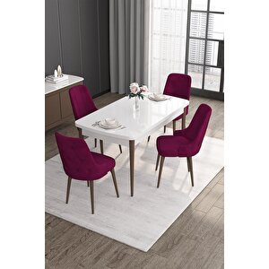 Roy Serisi 80x132 Mdf Beyaz Masa Ceviz Ayak Masa Takımı Ve 4 Mürdüm Sandalye
