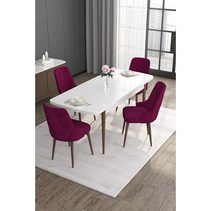 Roy Serisi 80x132 Mdf Beyaz Masa Ceviz Ayak Masa Takımı Ve 4 Mürdüm Sandalye
