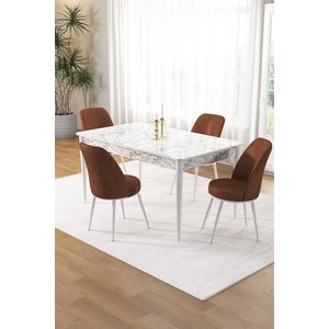 Pir Serisi 80x130 Sabit Beyaz Mermer Desen Mutfak Masa Takımı Ve 4 Kiremit Sandalye