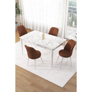 Pir Serisi 80x130 Sabit Beyaz Mermer Desen Mutfak Masa Takımı Ve 4 Kiremit Sandalye