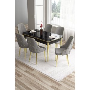 Tia Serisi 80x132 Açılabilir Mdf Siyah Mermer Desen Mutfak Masası Ve 6 Gri Sandalye