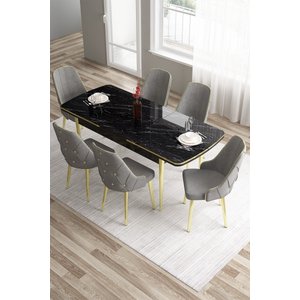 Tia Serisi 80x132 Açılabilir Mdf Siyah Mermer Desen Mutfak Masası Ve 6 Gri Sandalye