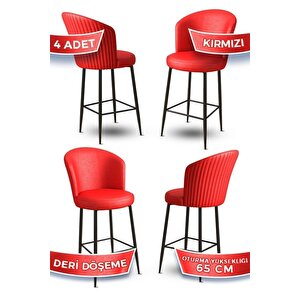 Rika Serisi 4 Adet Kırmızı 65 Cm Deri Bar Sandalyesi Siyah Metal Ayaklı Ada Mutfak Bar Sandalyesi