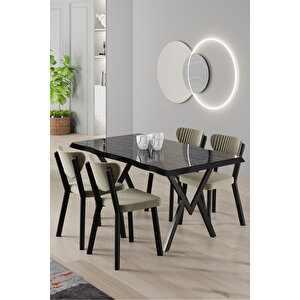 Akort Serisi Mdf Sabit 80x130 Siyah Mermer Desen Mutfak Masası Takımı 4 Krem Sandalye