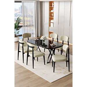 Jolin Serisi Mdf 90x168 Siyah Mermer Desen Masa Takımı 6 Krem Metal Sandalye