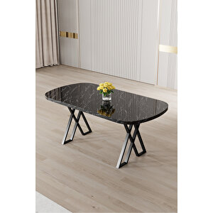 Jolin Serisi Mdf 90x168 Siyah Mermer Desen Masa Takımı 6 Krem Metal Sandalye