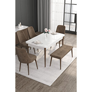 Roy Serisi 80x132 Mdf Beyaz Masa Ceviz Ayak Masa Takımı 4 Kahverengi Sandalye Ve 1 Bench