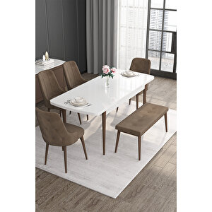 Roy Serisi 80x132 Mdf Beyaz Masa Ceviz Ayak Masa Takımı 4 Kahverengi Sandalye Ve 1 Bench