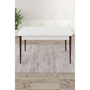 Roy Serisi 80x132 Mdf Beyaz Masa Ceviz Ayak Masa Takımı 4 Kahverengi Sandalye Ve 1 Bench