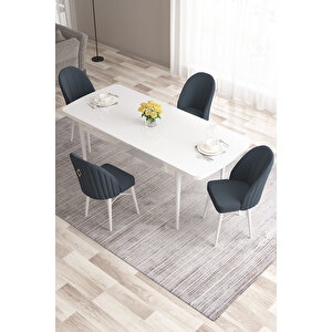 Roz Serisi 80x132 Mdf Açılabilir Beyaz Gold Detaylı Mutfak Masası Takımı Ve 4 Antrasit Sandalye