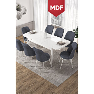 Via Serisi Mdf 80x132 Açılabilir Mutfak Masası Takımı Beyaz Masa 8 Füme Sandalye