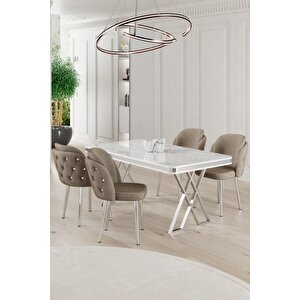 Rigel Serisi 80x130 Lak Panel Beyaz Mermer Desen Masa Takımı Krom Ayaklı 4 Cappucino Sandalye