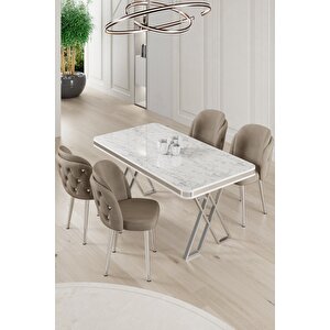 Rigel Serisi 80x130 Lak Panel Beyaz Mermer Desen Masa Takımı Krom Ayaklı 4 Cappucino Sandalye