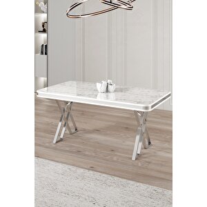 Rigel Serisi 80x130 Lak Panel Beyaz Mermer Desen Masa Takımı Krom Ayaklı 4 Cappucino Sandalye