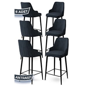 Enox Serisi 6 Adet Antrasit Sandalye Mutfak Bar Sandalyesi Babyface Kumaş Siyah Metal Ayak