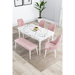 Kar Serisi 80x132 Açılabilir Mdf Beyaz Mermer Desenli Mutfak Masası Takımı 4 Pembe Sandalye 1 Bench