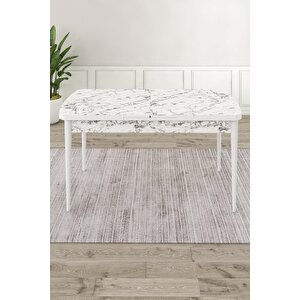 Kar Serisi 80x132 Açılabilir Mdf Beyaz Mermer Desenli Mutfak Masası Takımı 4 Pembe Sandalye 1 Bench
