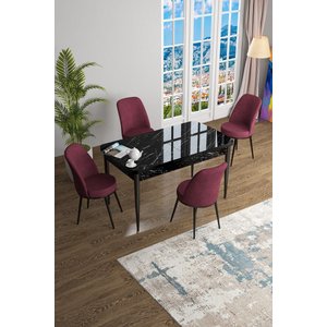 Han Serisi 70x114 Açılabilir Mdf Mutfak Masası Takımı Siyah Mermer Desen Masa 4 Bordo Sandalye