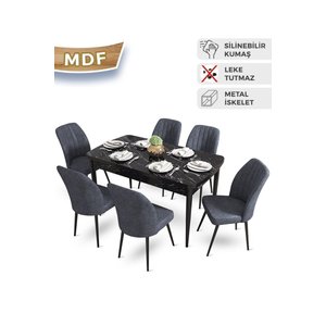 Mun Serisi 80x132 Açılabilir Mdf Siyah Mermer Desen Masa Takımı 6 Füme Sandalye